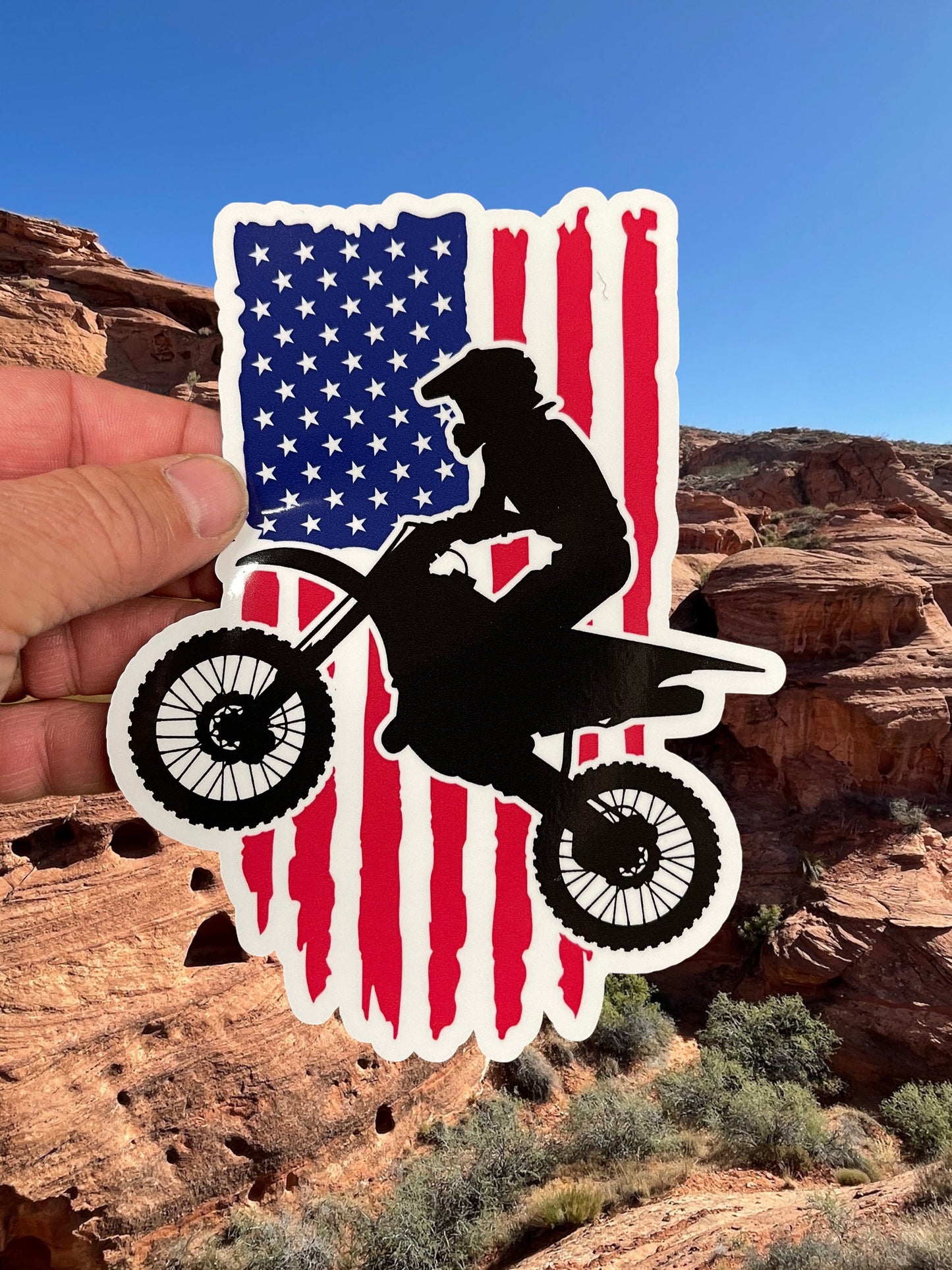 Dirt Bike American Flag Windows Decal Sticker or for Water Bottle or Laptop